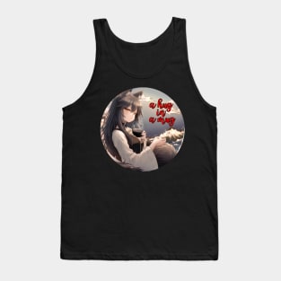 Cute Wolf Girl Drinking Tea with Great Waves on Background Tank Top